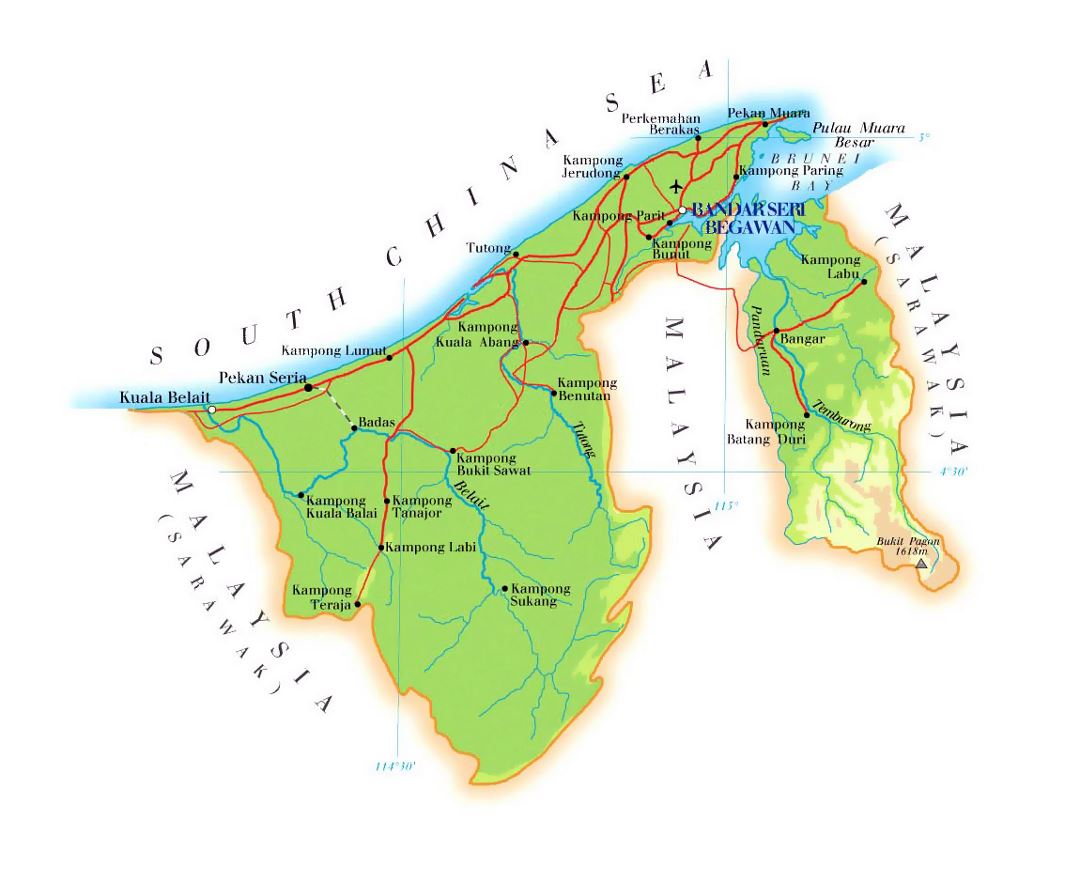 Detailed elevation map of Brunei with roads, cities and airports