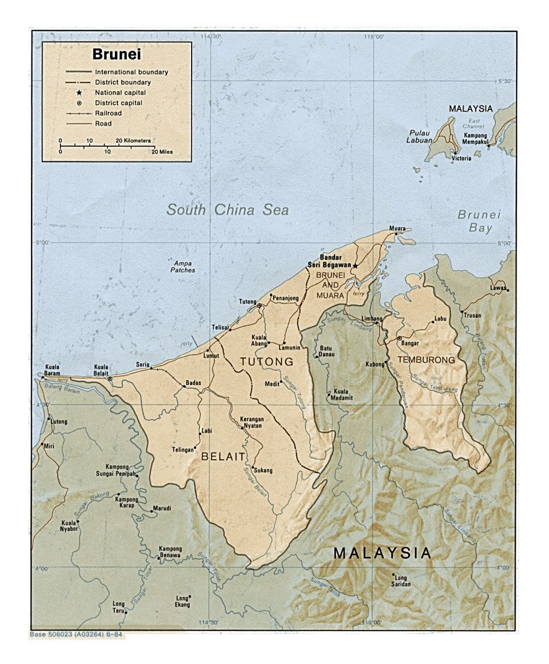 Detailed political and administrative map of Brunei with relief - 1984