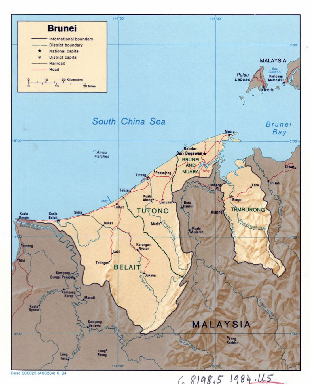 Detailed political and administrative map of Brunei with relief, roads, railroads and major cities - 1984
