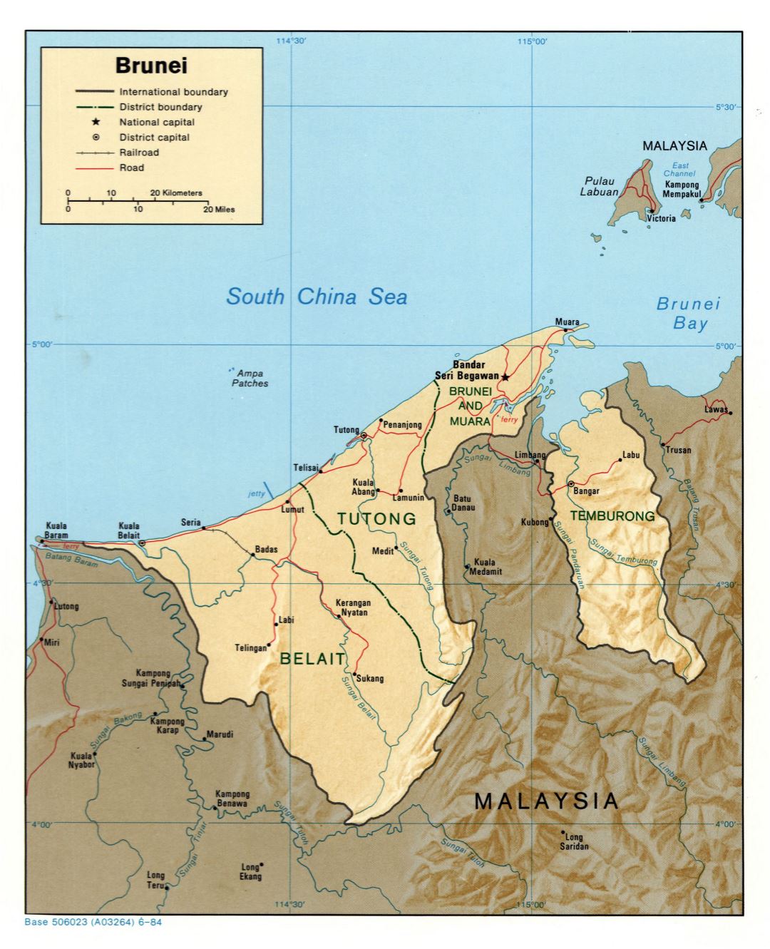Large detailed political and administrative map of Brunei with relief roads railroads and major cities - 1984