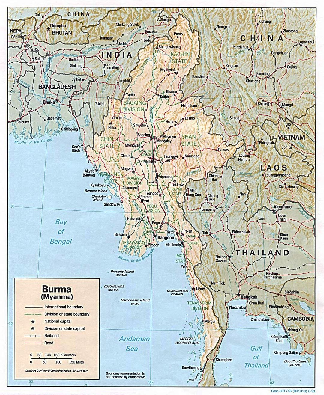 Detailed political and administrative map of Burma (Myanmar) with relief - 1991