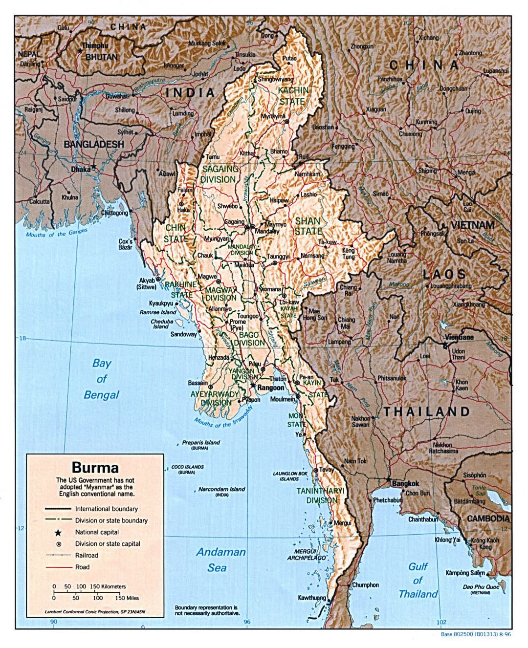 Detailed political and administrative map of Burma with relief, roads and major cities - 1996