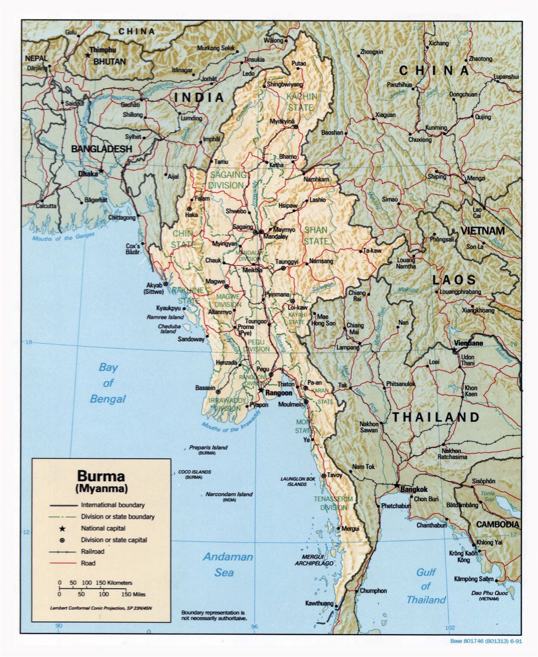 Large detailed political and administrative map of Burma (Myanmar) with relief, roads, railroads and major cities - 1991