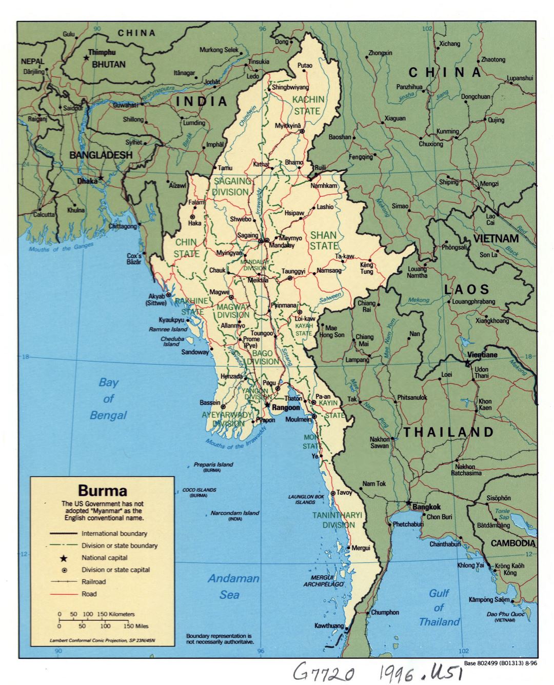 Large detailed political and administrative map of Burma (Myanmar) with roads, railroads and major cities - 1996