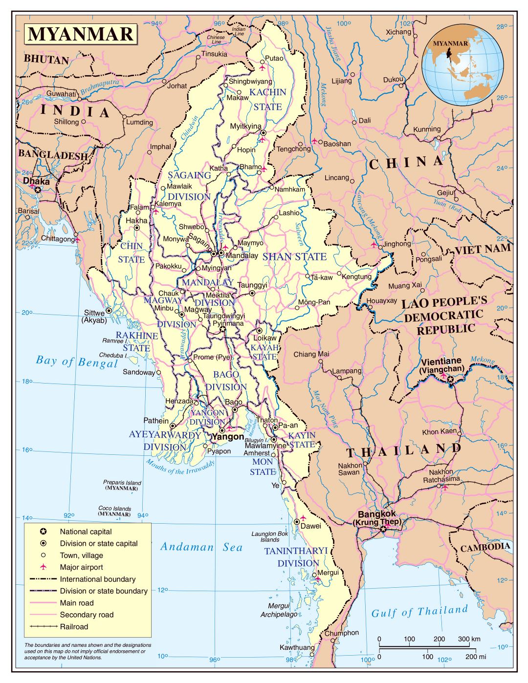 Large detailed political and administrative map of Burma with roads, railroads, cities and airports