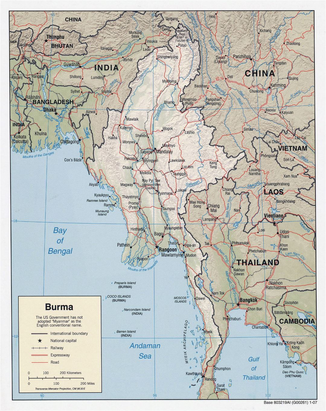 Large detailed political map of Burma (Myanmar) with relief, roads, railroads and major cities - 2007