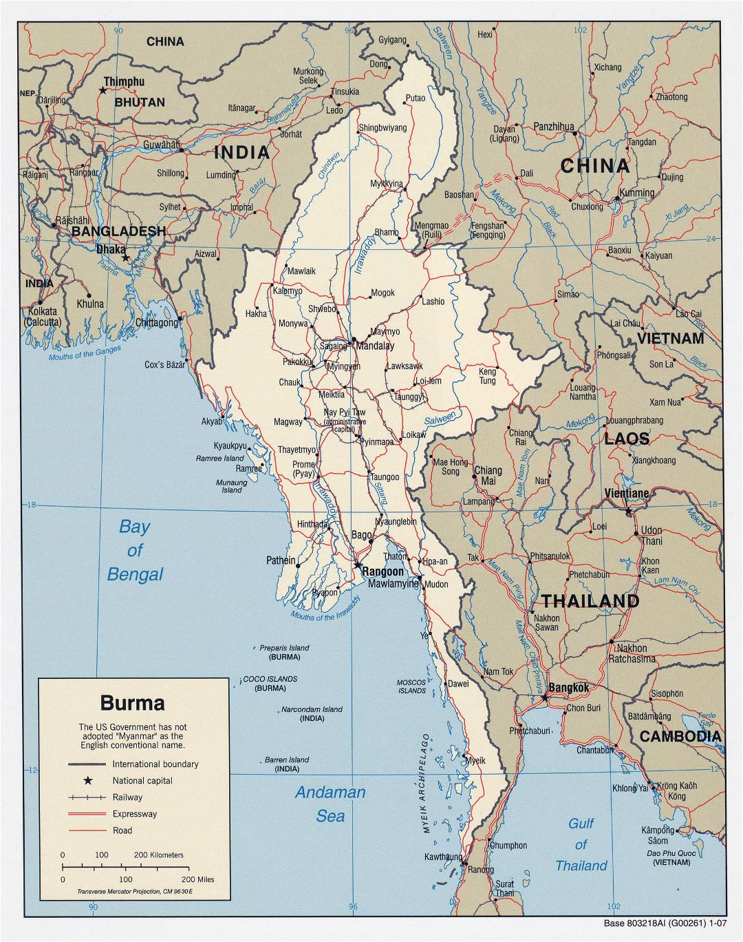 Large detailed political map of Burma (Myanmar) with roads, railroads and major cities - 2007