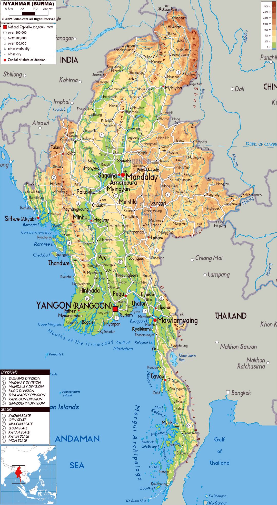 Large physical map of Myanmar with roads, cities and airports