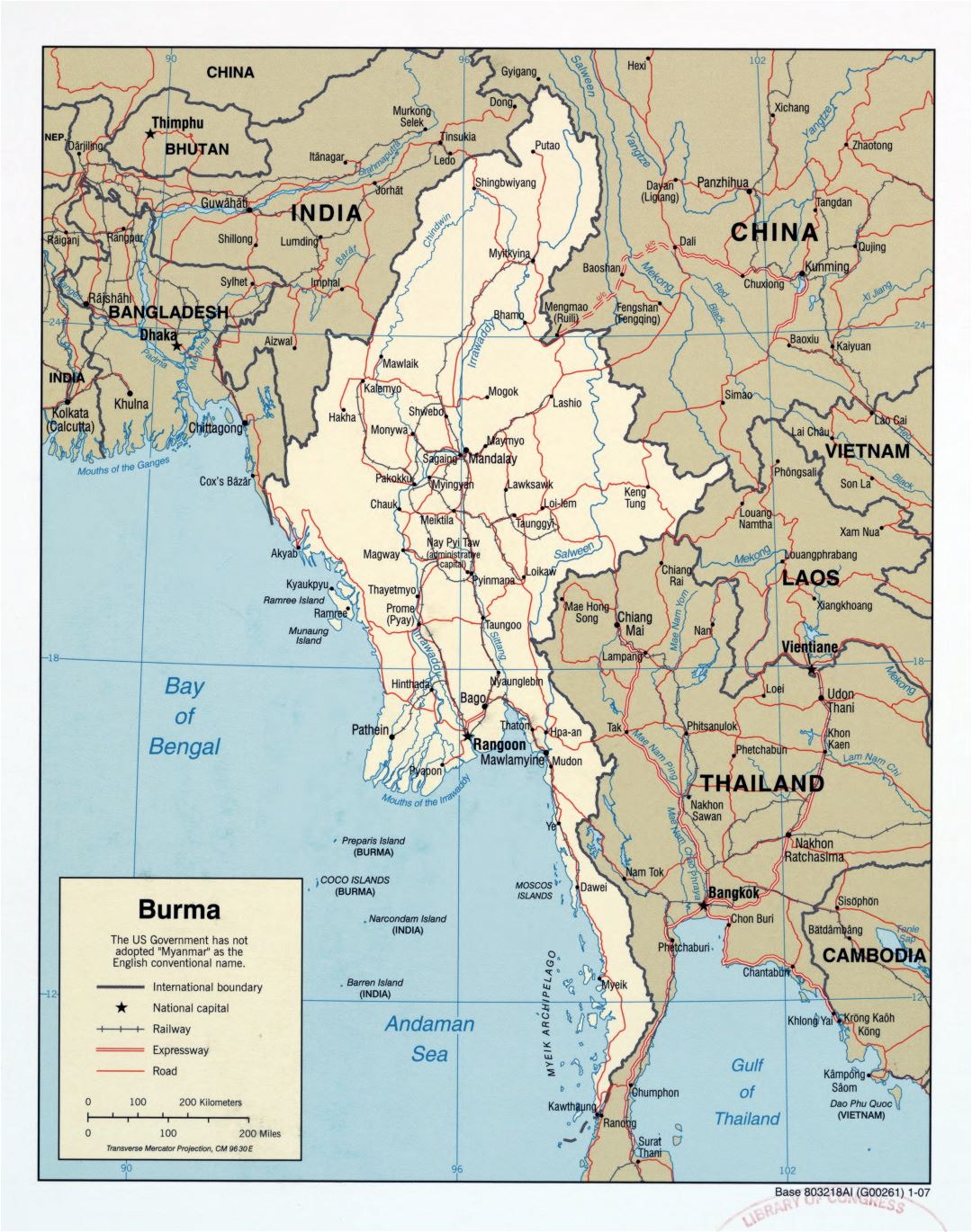 Large scale political map of Burma (Myanmar) with roads, railroads and major cities - 2007