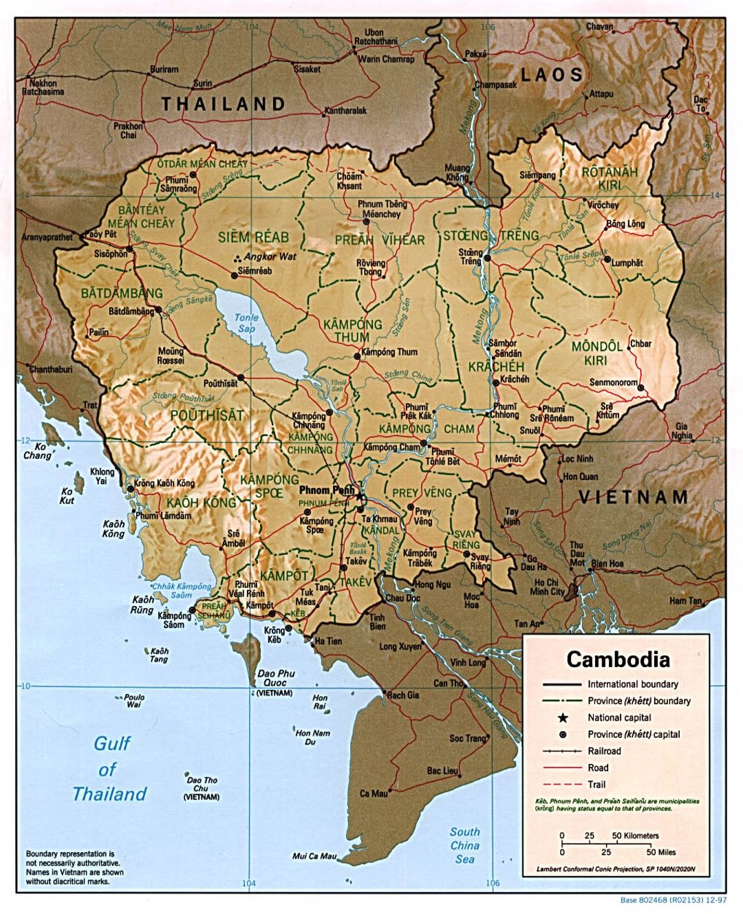 Detailed political and administrative map of Cambodia with relief, roads, railroads and major cities - 1997