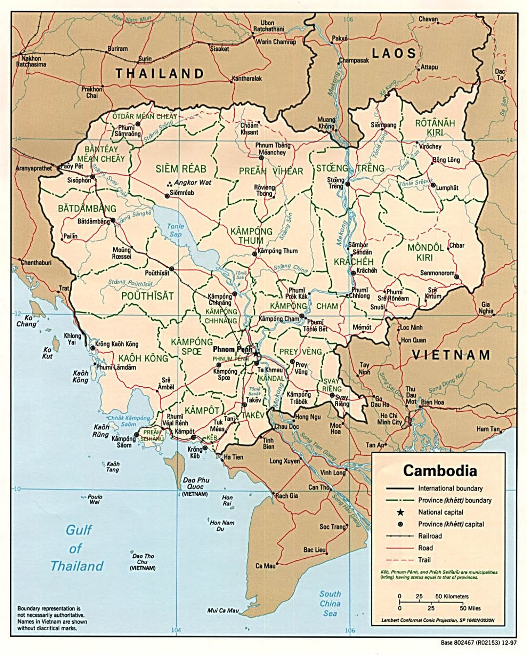 Detailed political and administrative map of Cambodia with roads, railroads and major cities - 1997