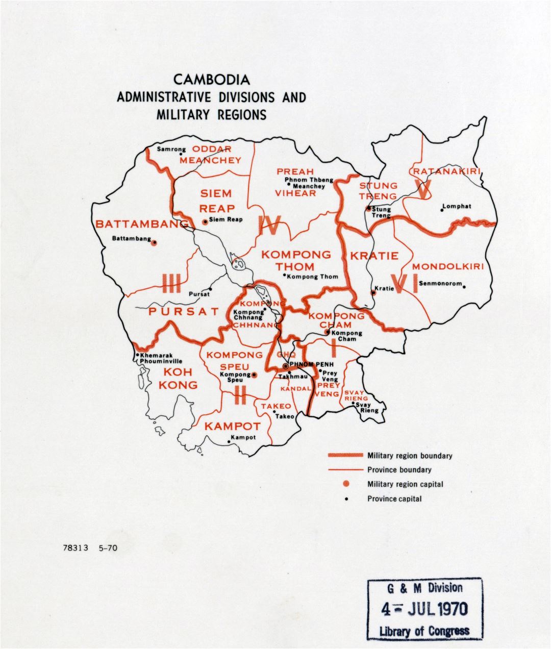 Large detailed administrative divisions and military regions map of Cambodia - 1970