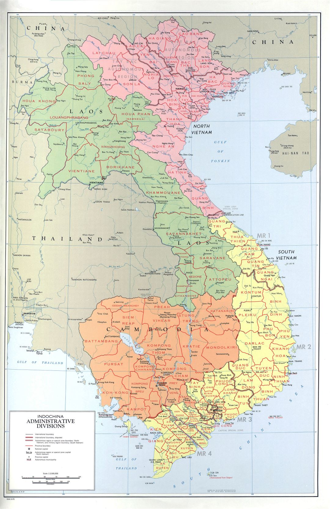 Large detailed administrative divisions map of Indochina - 1970