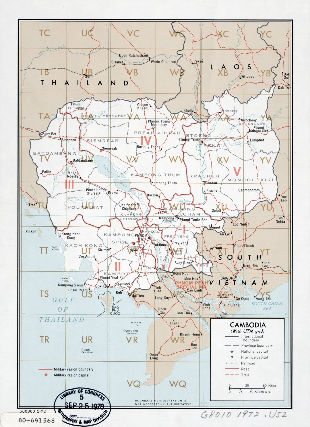 Large detailed map of Cambodia (with utm grid) - 1972