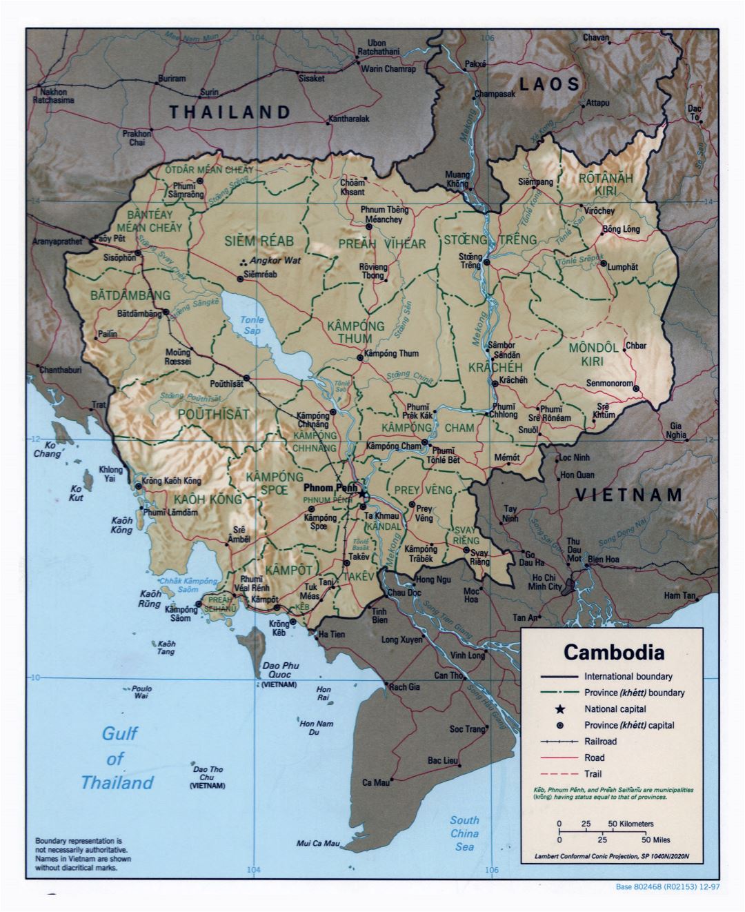 Large detailed political and administrative map of Cambodia with relief, roads, railroads and major cities - 1997