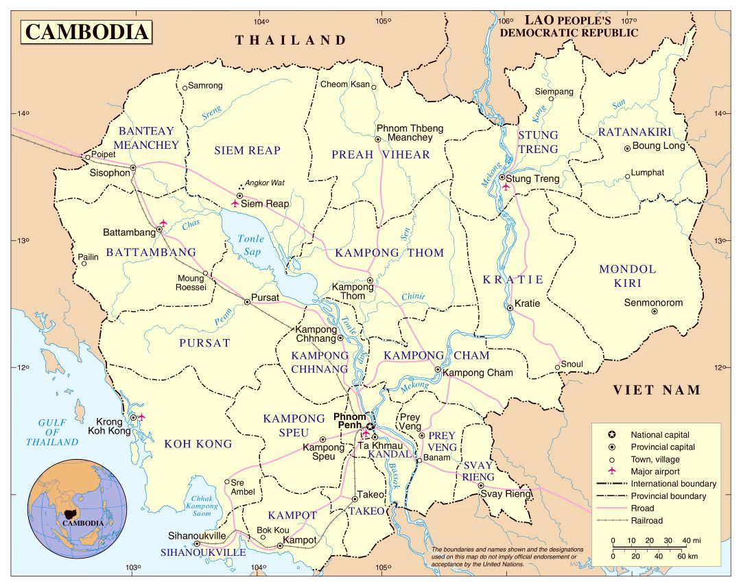 Large detailed political and administrative map of Cambodia with roads, railroads, major cities and airports