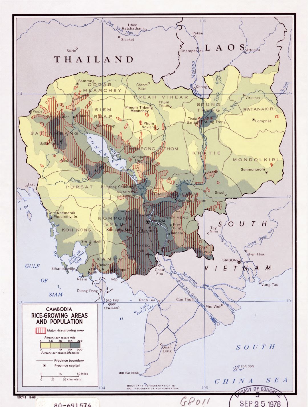 Large detailed rice growing areas and population map of Cambodia - 1968