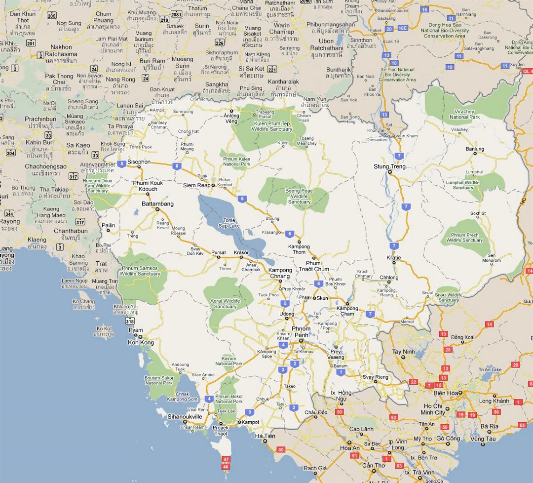 Large road map of Cambodia with cities