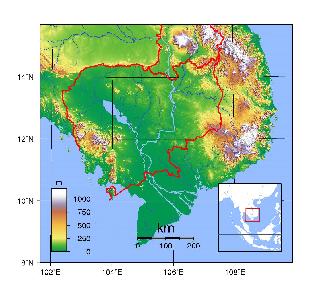 Large topographical map of Cambodia