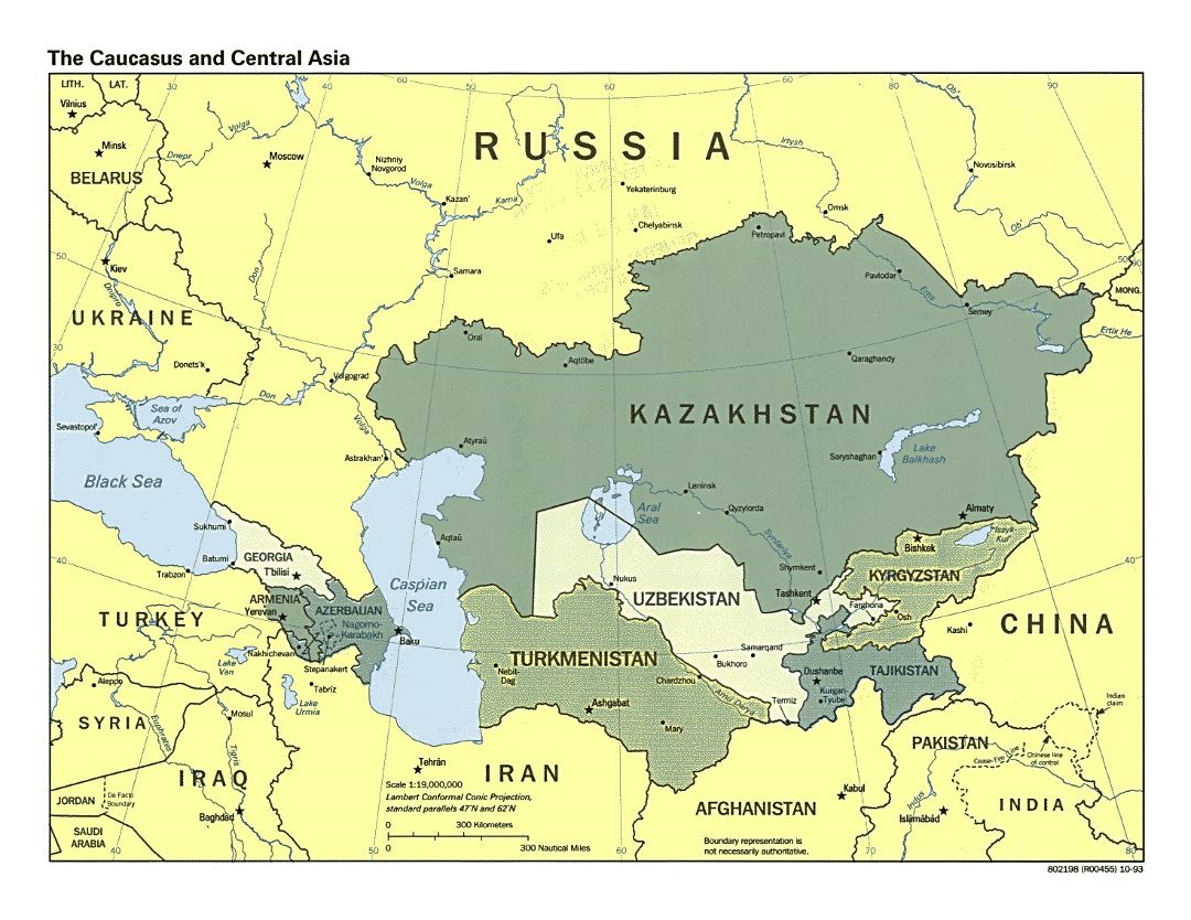 Detailed political map of the Caucasus and Central Asia with capitals and major cities - 1993