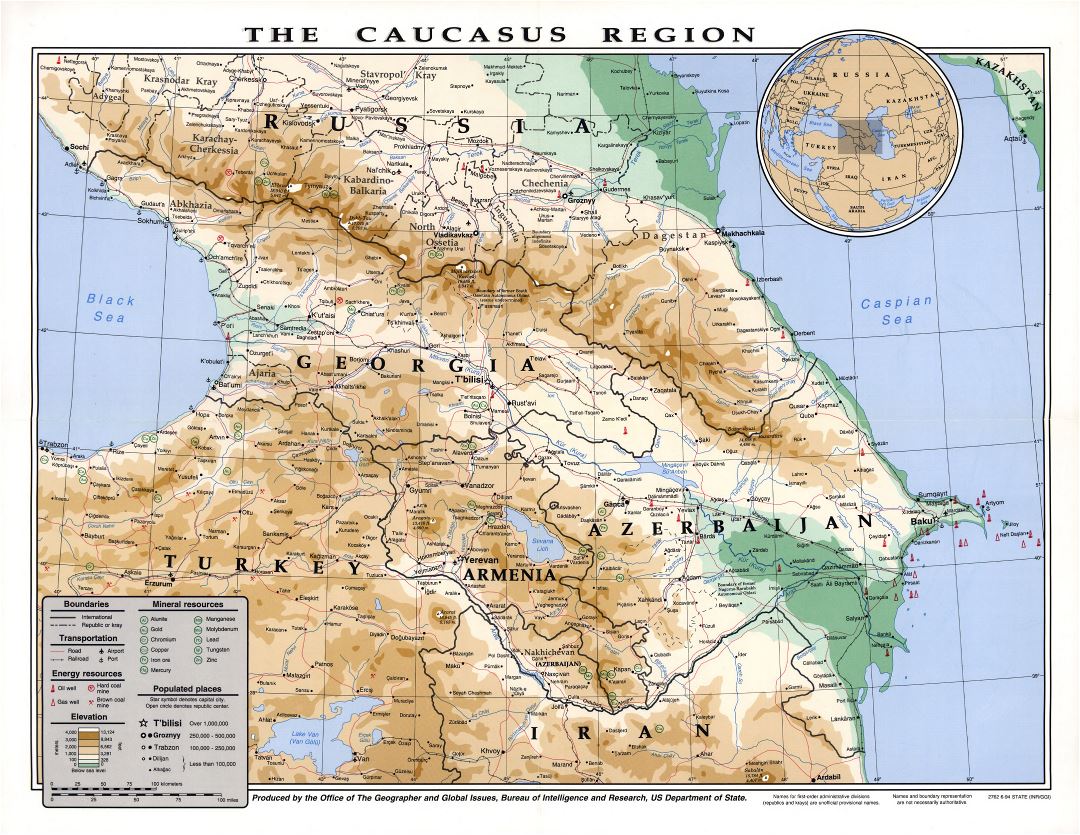 Large detailed elevation map of the Caucasus Region with other marks - 1994