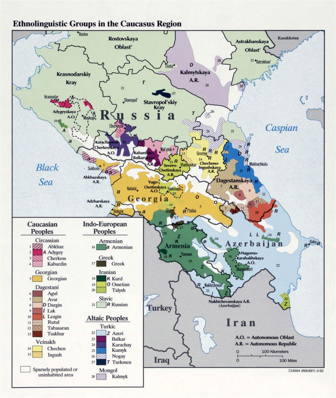 Large detailed map of Ethnolinguistic Groups in the Caucasus Region - 1992