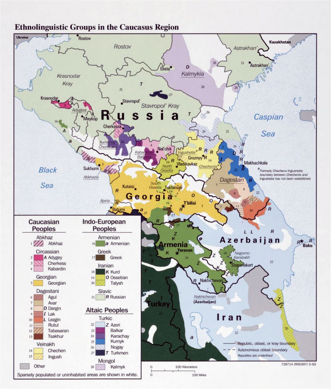 Large detailed map of Ethnolinguistic Groups in the Caucasus Region - 1993