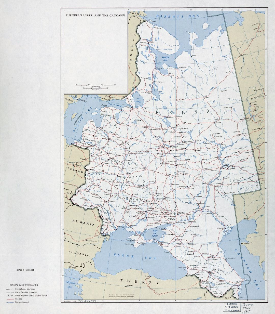 Large detailed political and administrative map of European U.S.S.R. and the Caucasus with roads, railroads and cities - 1960