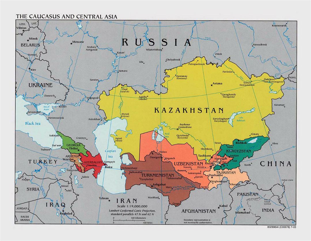 Large political map of the Caucasus and Central Asia with capitals - 2003