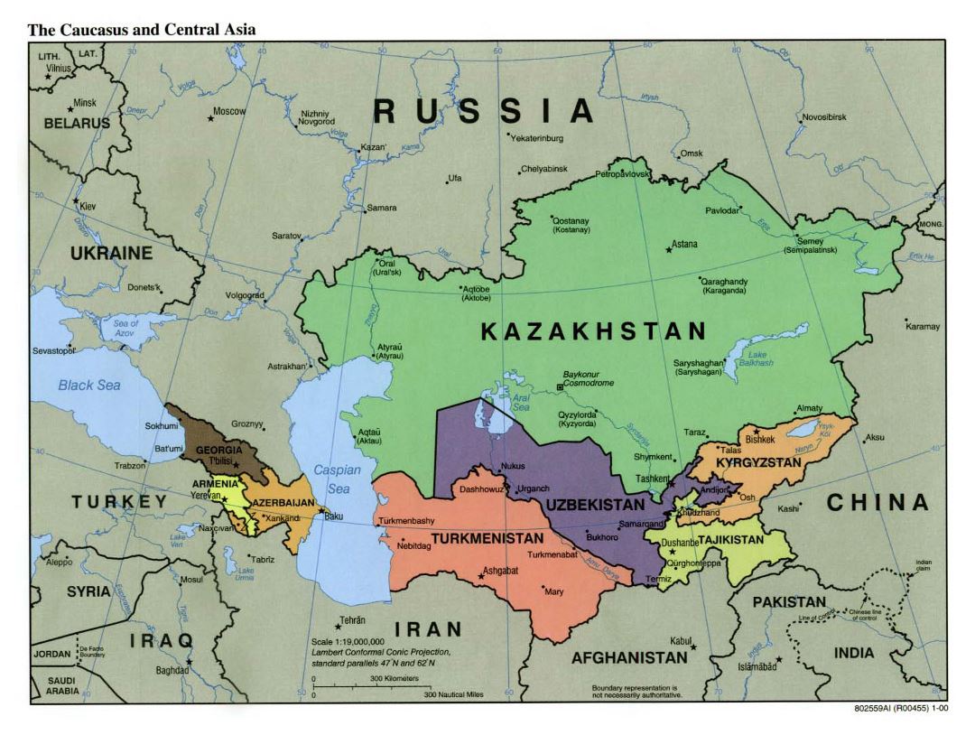 Large political map of the Caucasus and Central Asia with capitals and major cities - 2000