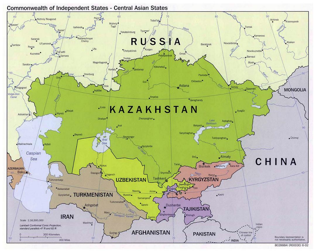 Large political map of Central Asian States - 2002