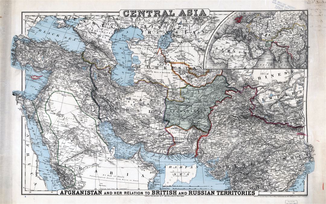 Large scale old map of Central Asia with relief - 1885