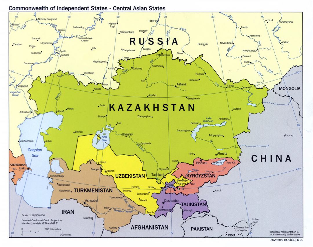 Large scale political map of Central Asian States - 2002 | Central Asia ...