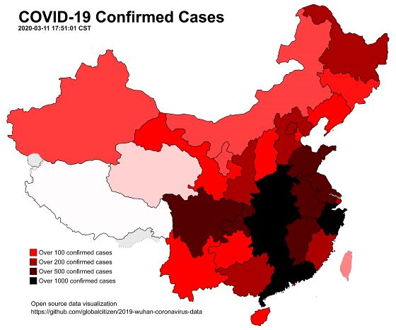 Covid-19 (Coronavirus) China map - 2020-03
