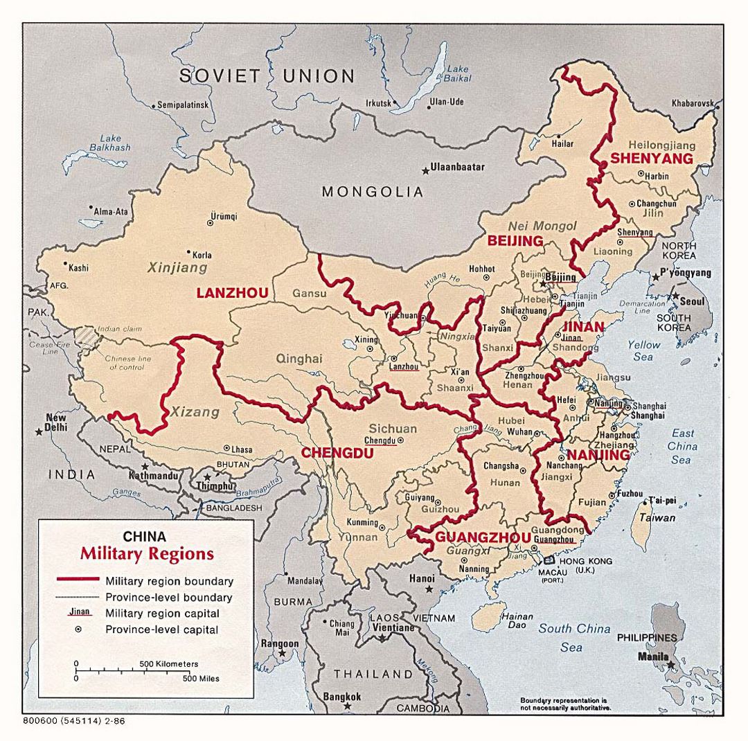 Detailed military regions map of China - 1986