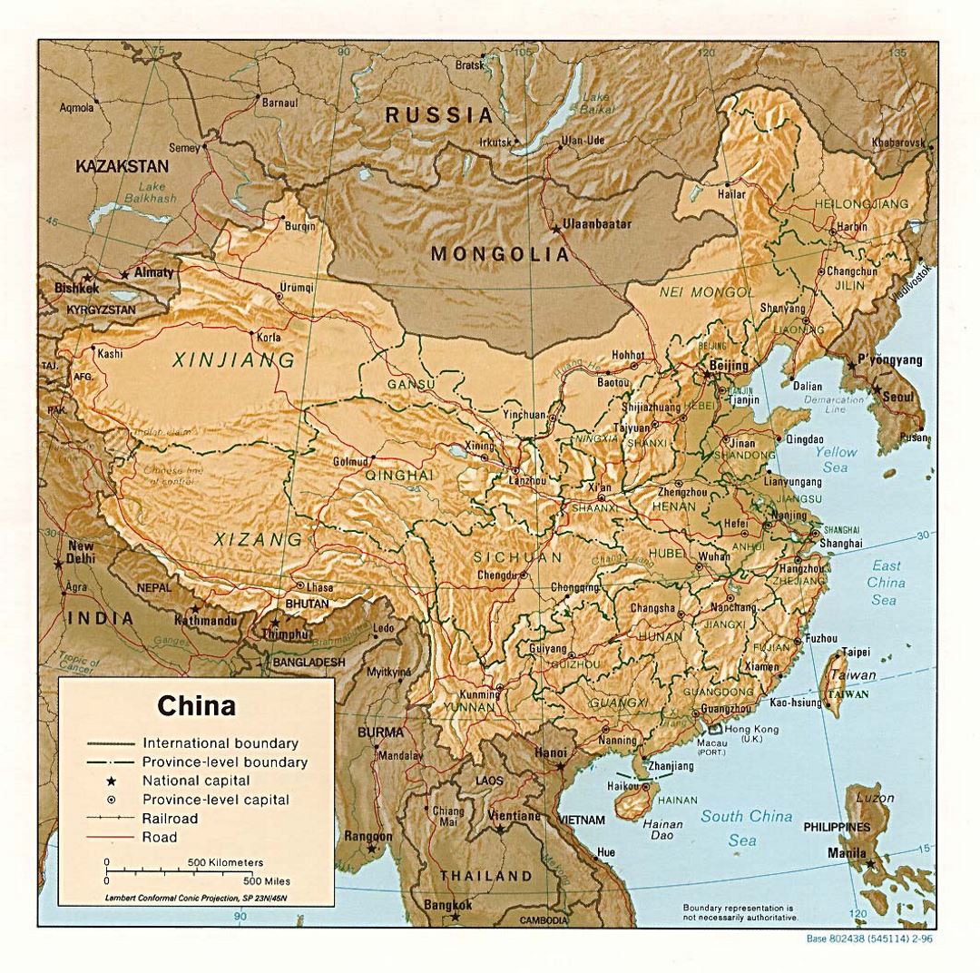 Detailed political and administrative map of China with relief, roads, railroads and major cities - 1996
