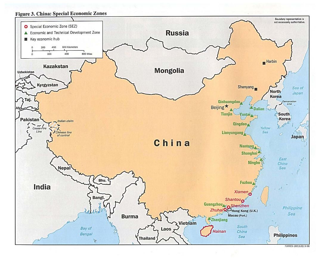 Detailed special economic zones map of China - 1996