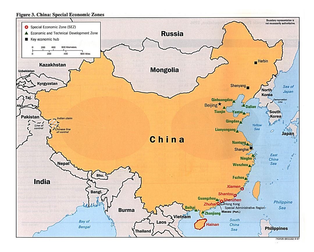 Detailed special economic zones map of China - 1997