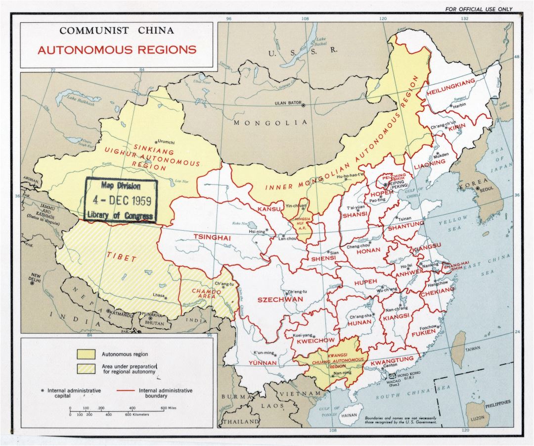 Large detailed autonomous regions map of Communist China - 1959
