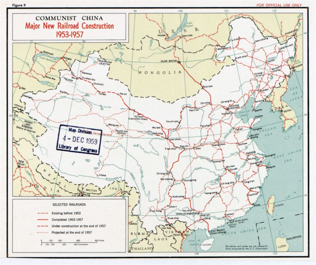 Large detailed major new railroad construction map of Communist China - 1953 1957