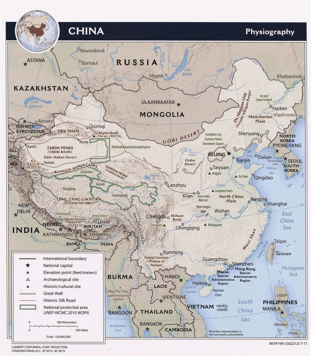 Large detailed physiography map of China - 2011