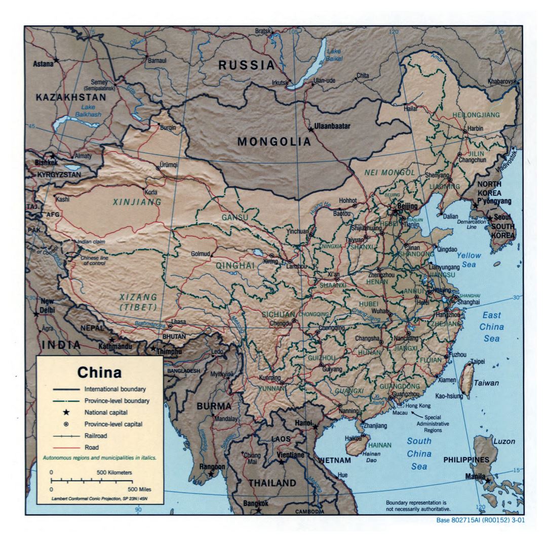 Large detailed political and administrative map of China with relief, roads, railroads and major cities - 2001