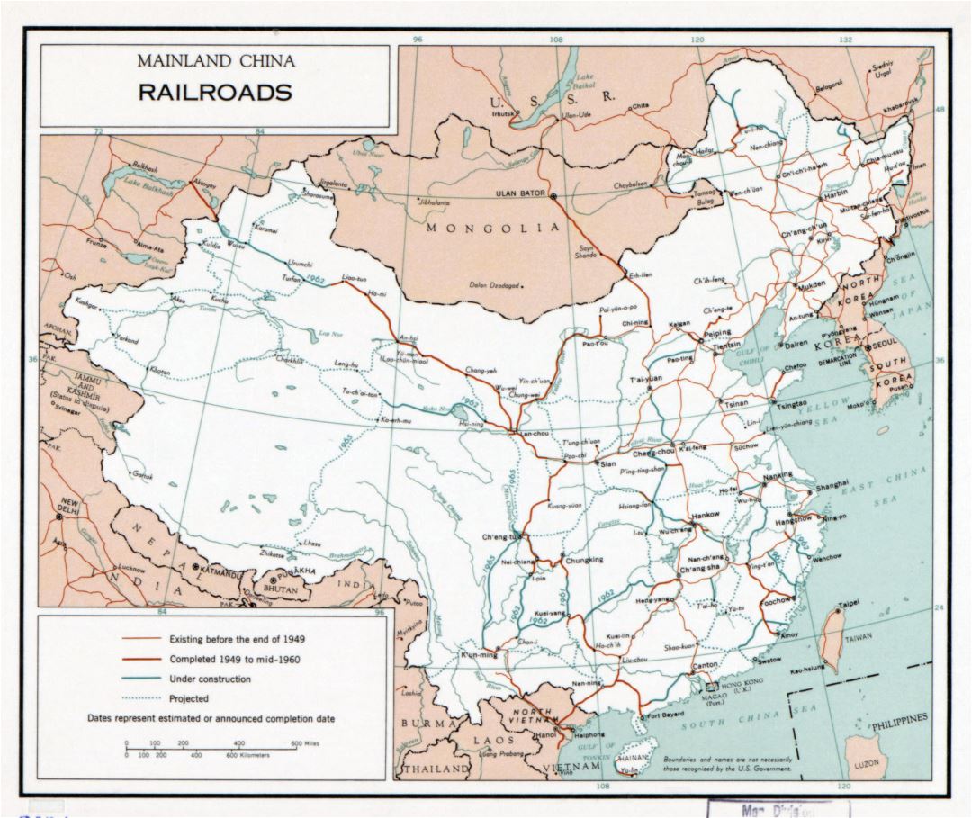Large detailed railroads map of mainland China - 1960