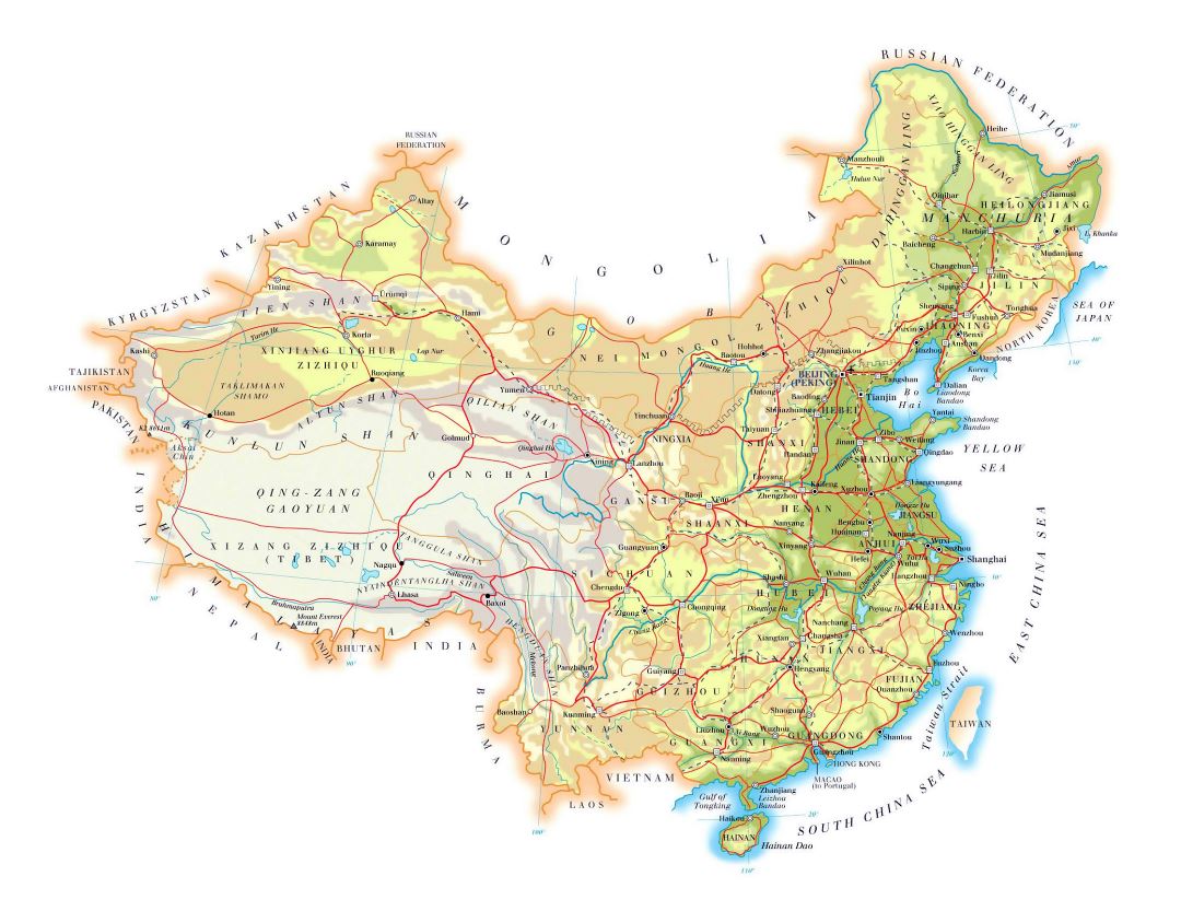 Large elevation map of China with roads, cities and airports