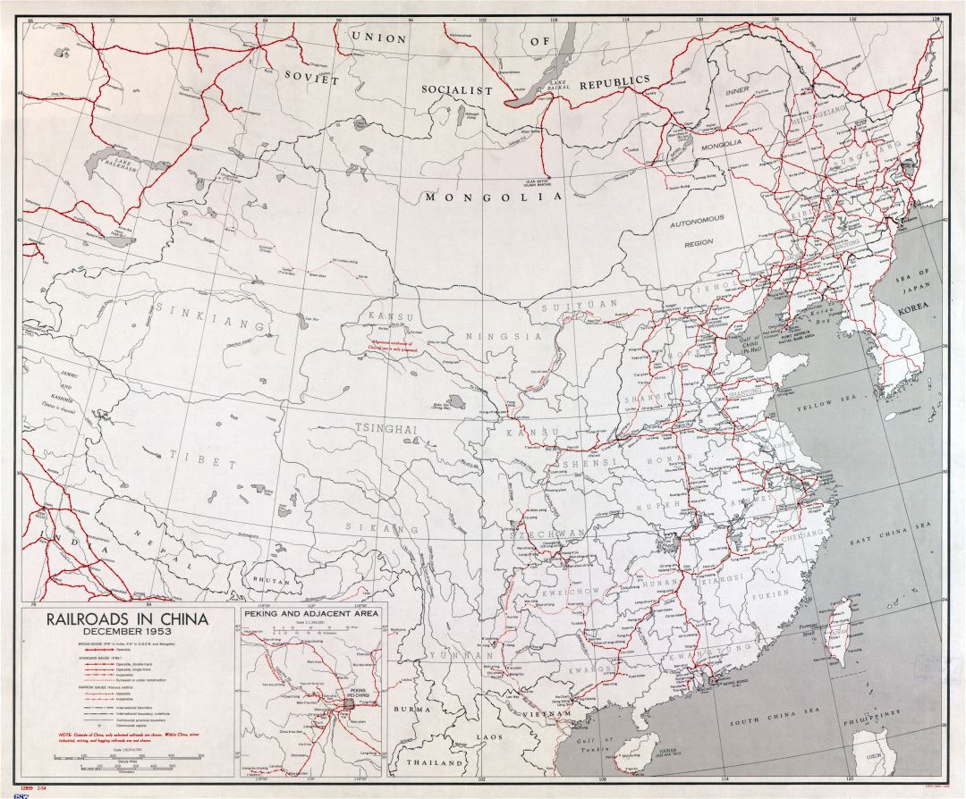 Large scale railroads map of China - 1953