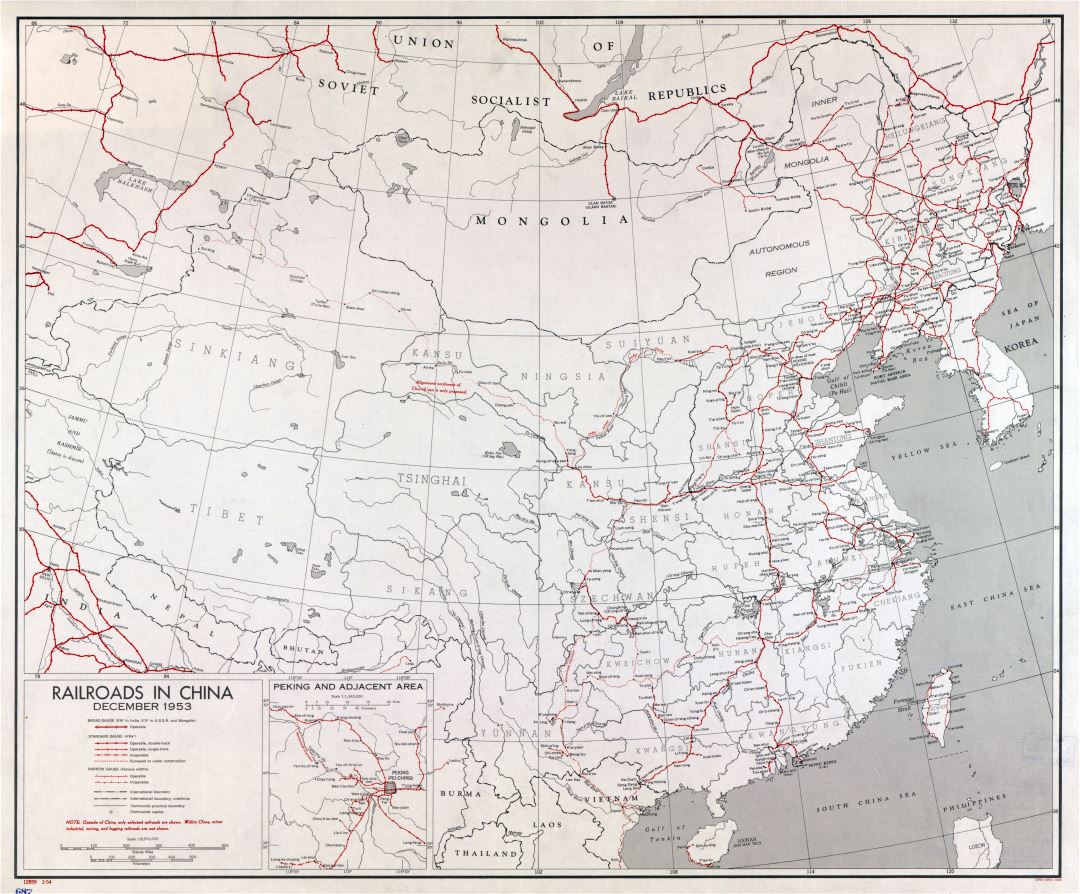 Large scale railroads map of China - 1953