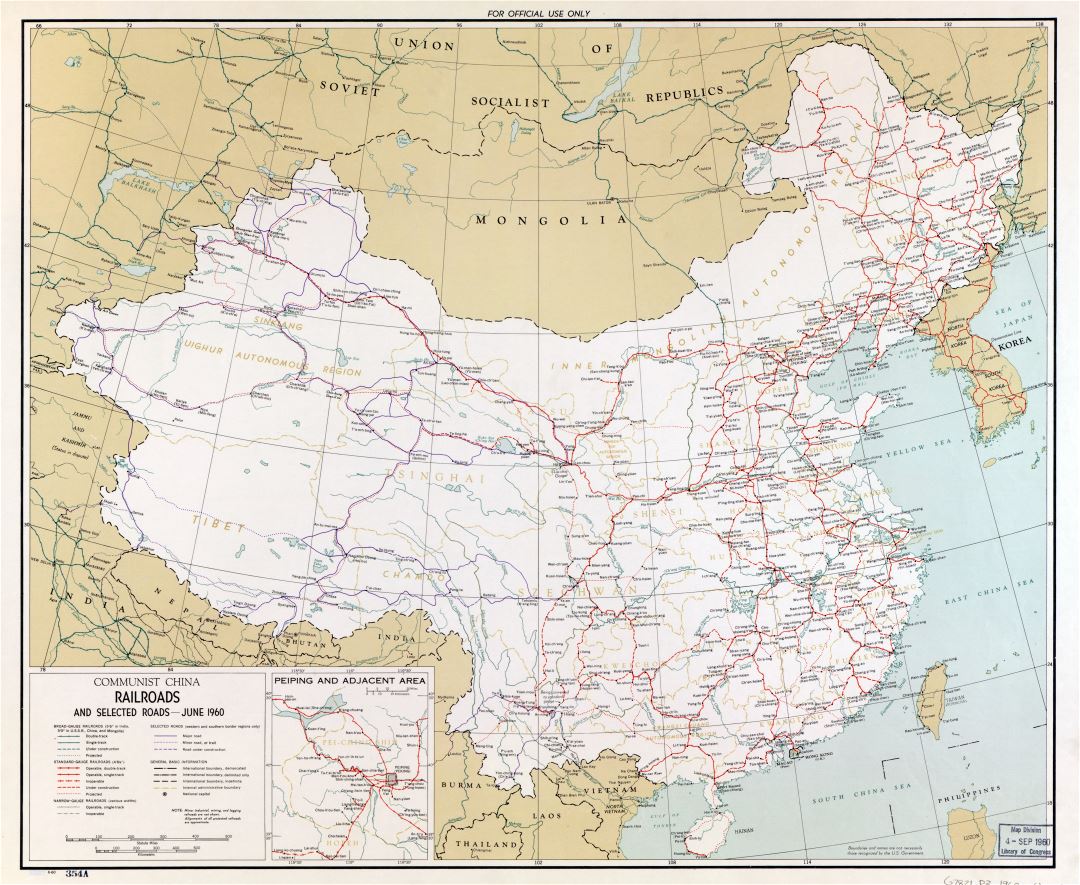 Large scale railroads map of Communist China - 1960