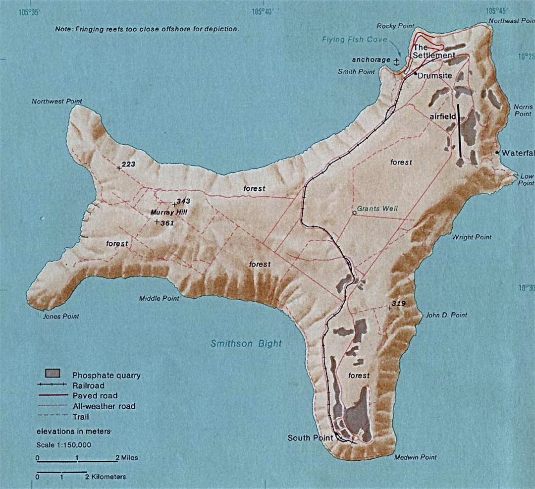 Detailed map of Christmas Island with roads and railroad - 1976