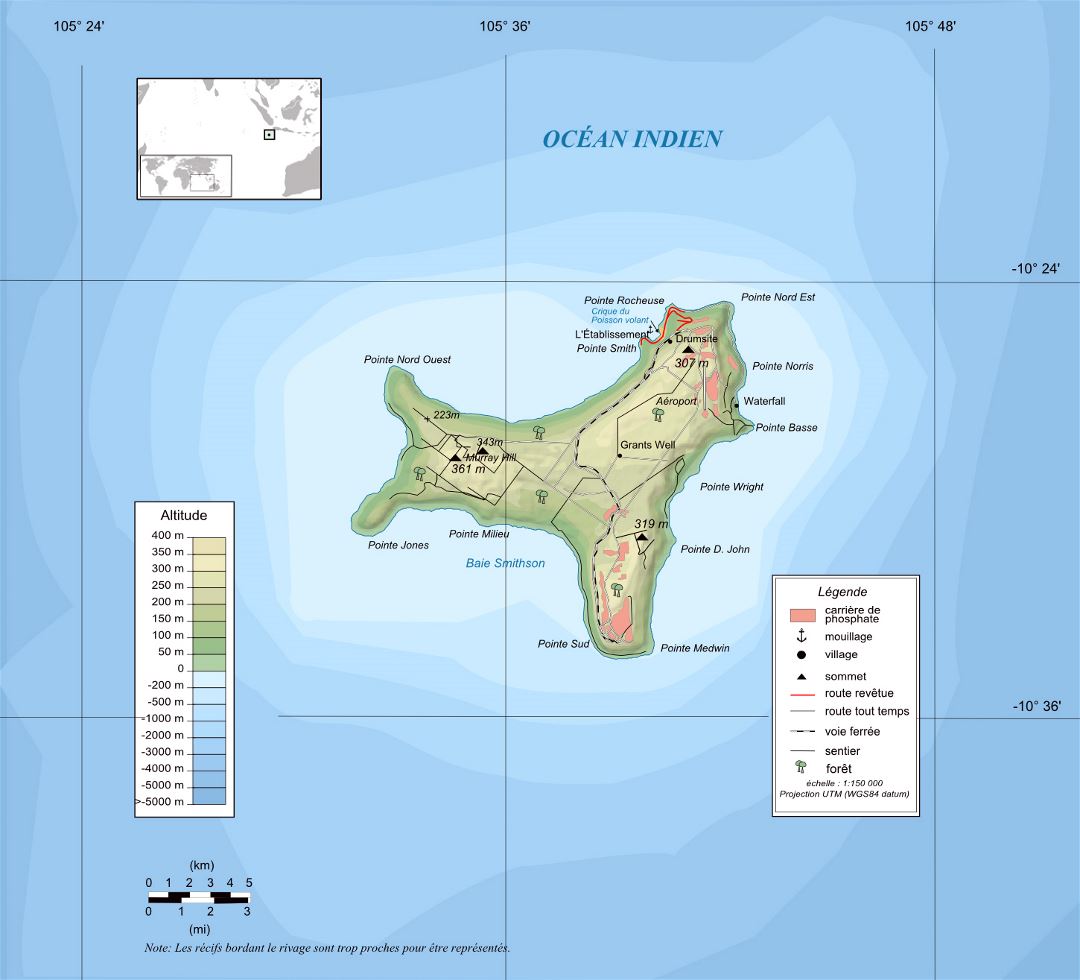 Large detailed physical map of Christmas Island in french language