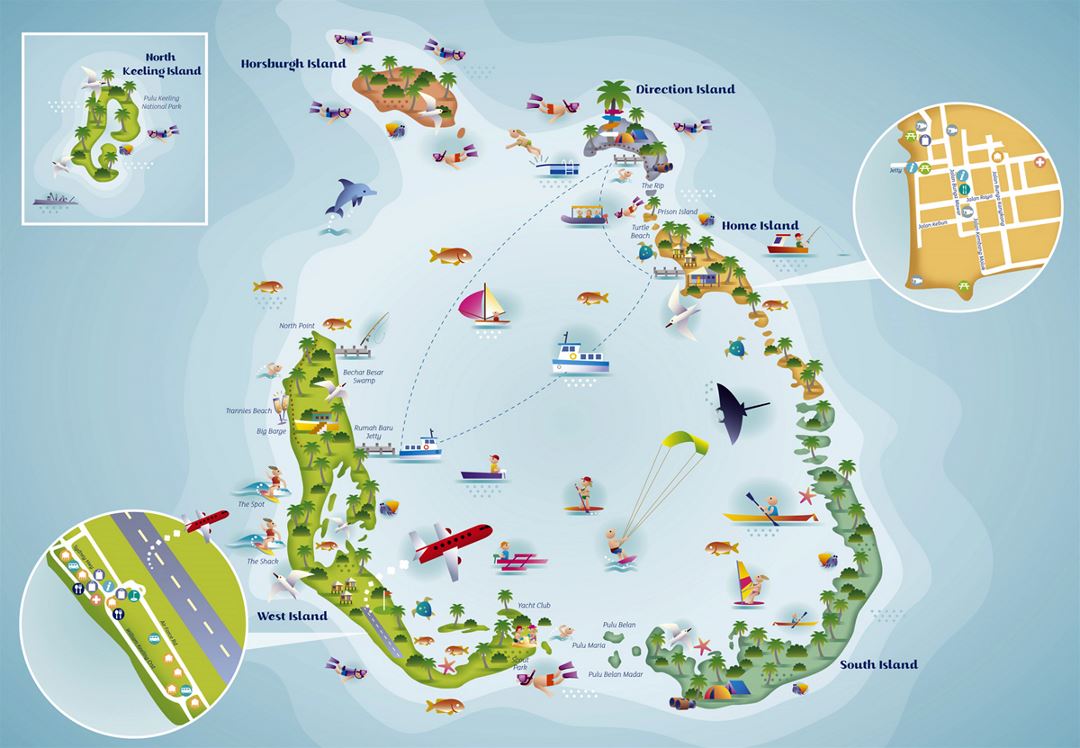 Detailed tourist illustrated map of Cocos (Keeling) Islands